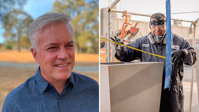 Christopher Lyon (L) is owner and president of Tournesol Siteworks. The right frame features a Tournesol employee working on one of the company's products.