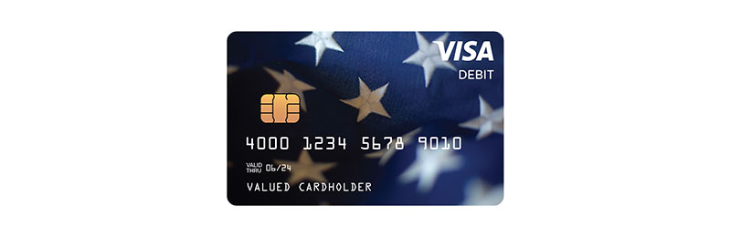 Visa Debit card with American flag image in background