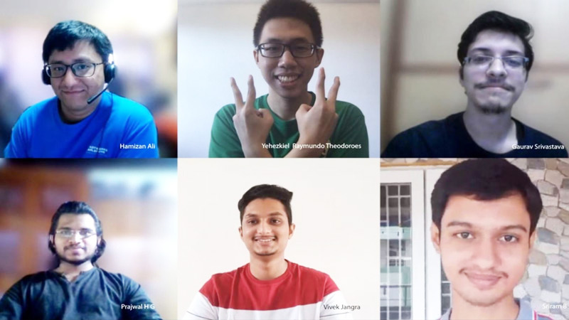 Split screen with 6 interns celebrating their win on video chat.