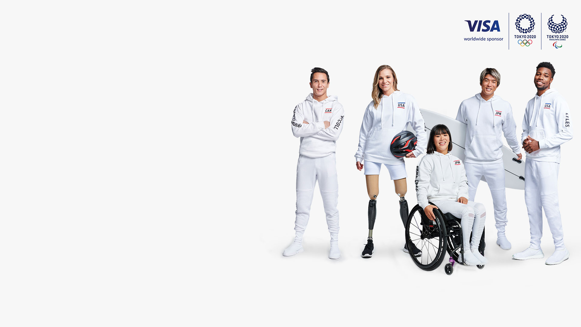 Team Visa athletes with the Visa worldwide sponsor logo, Tokyo 2020 Olympics and Tokyo 2020 Paralympic Games logos.