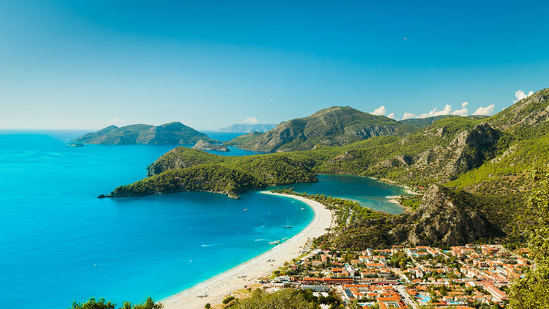 Wide shot of coastal beach in Turkey.