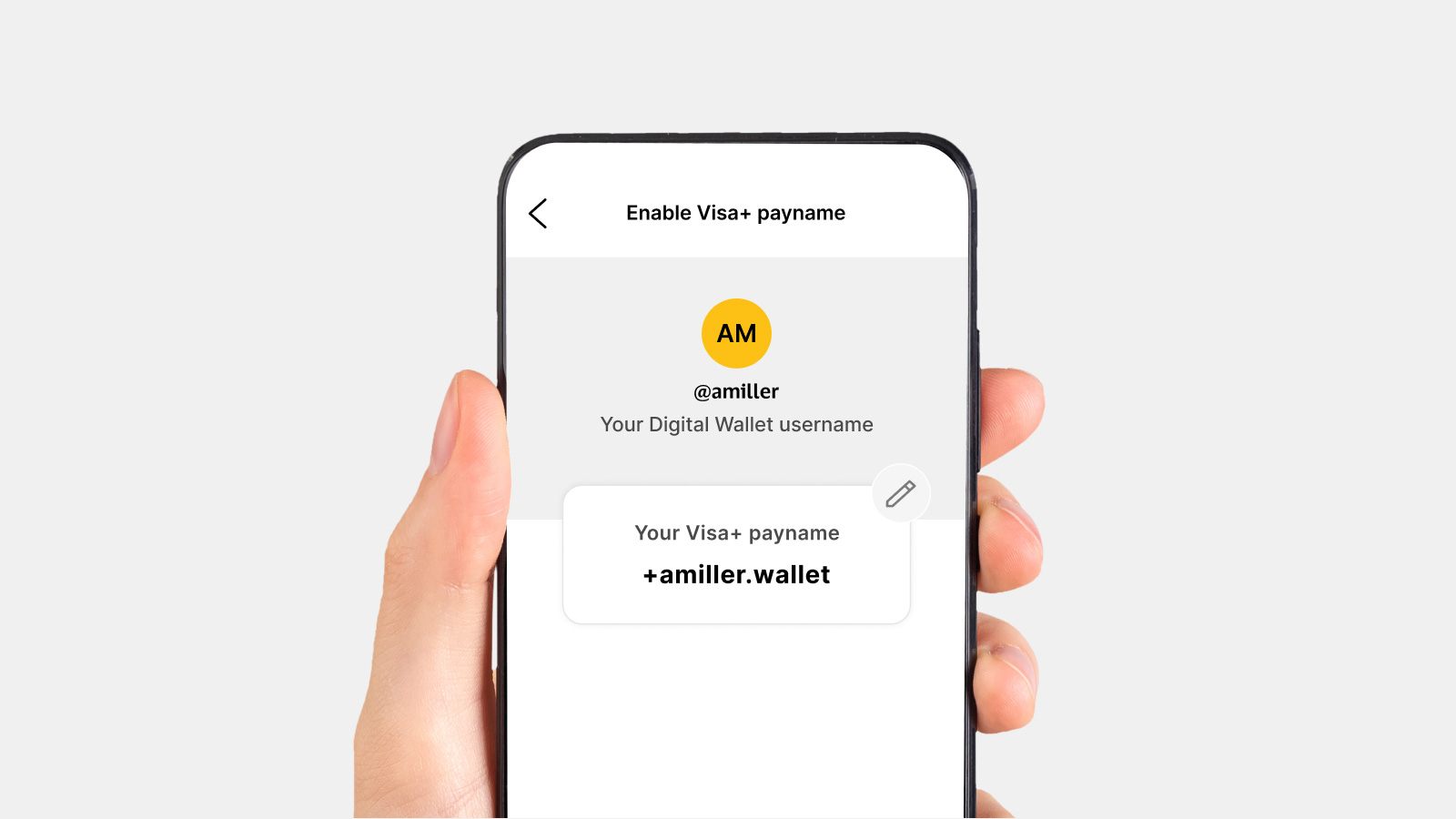 A hand is holding a phone screen that displays an example of a Visa+ payname, which is (+amiller.wallet).