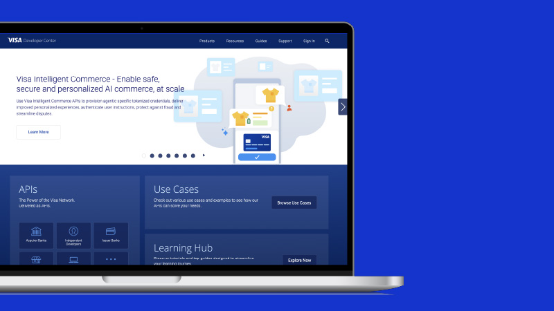Laptop showing Visa Developer Center screen.
