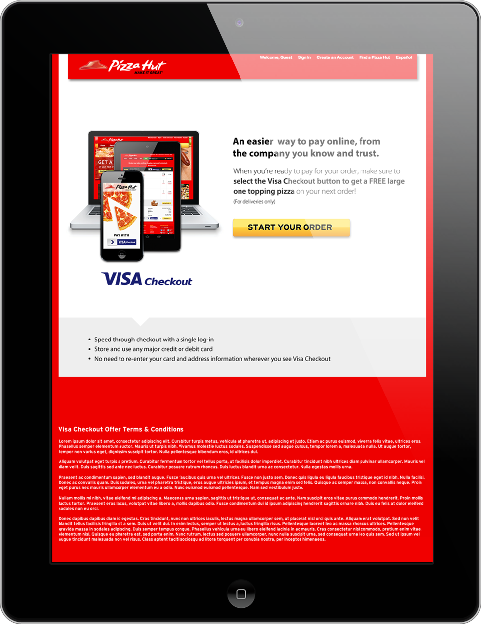 visa-checkout_pizzahut-tablet A tablet displaying an overview of Visa Checkout on the Pizza Hut website.