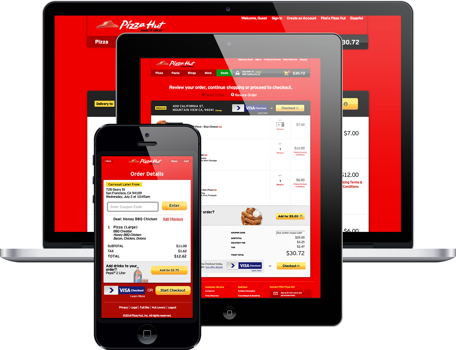 visa-checkout_pizzahut A smart phone, tablet, and laptop displaying a Visa Checkout option on the Pizza Hut website.