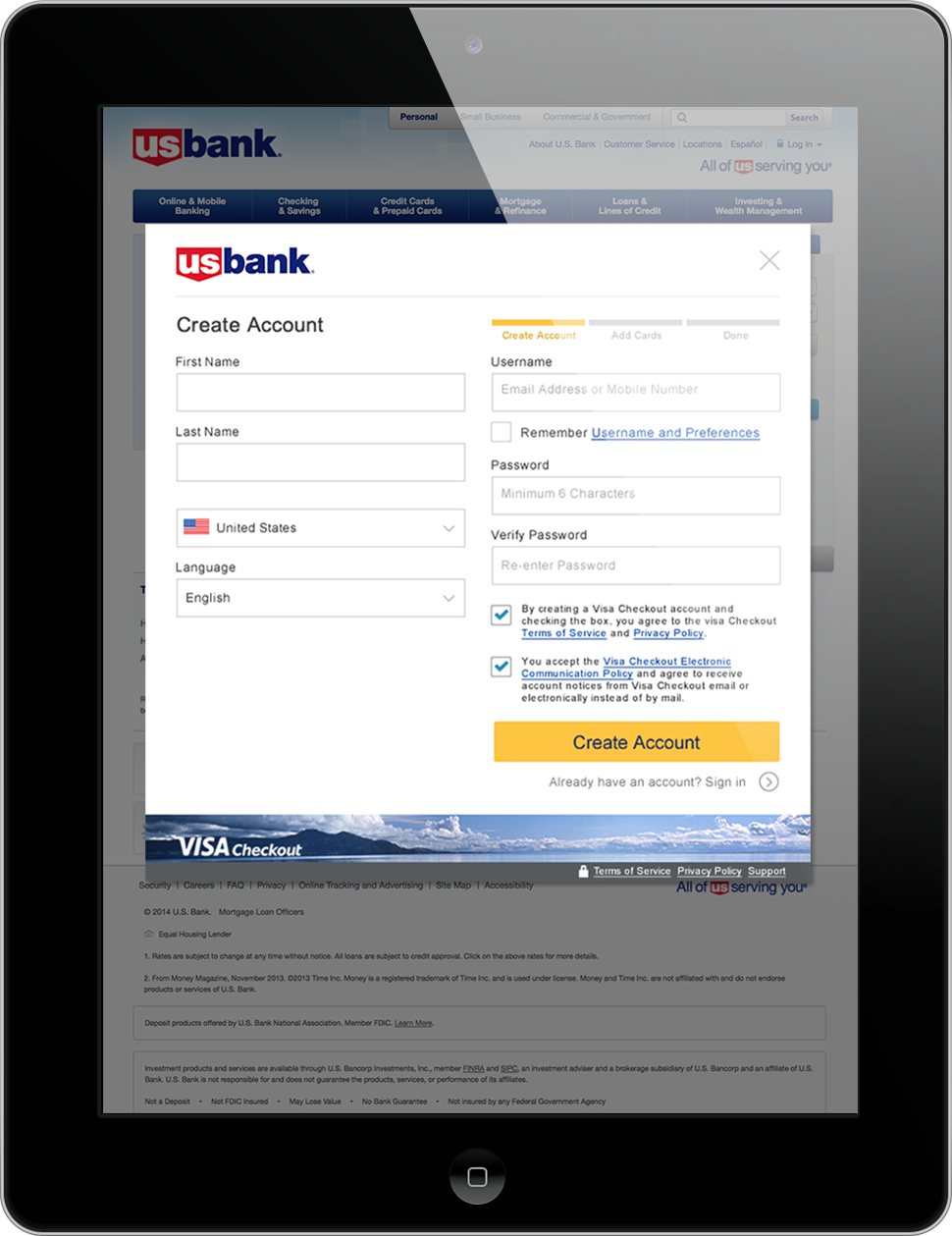 visa-checkout_usbank A tablet displaying a Visa Checkout enrollment form on the U.S. Bank website.
