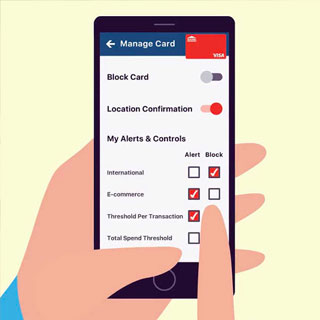 Illustration of a hand holding a phone displaying customization options for managing a Visa card. 