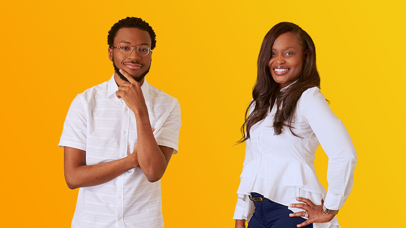 Two visa employees posing against gold background