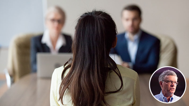 Composite - Woman sitting at table being interviewed by man and woman, Al Kelly, Visa CEO, headshot