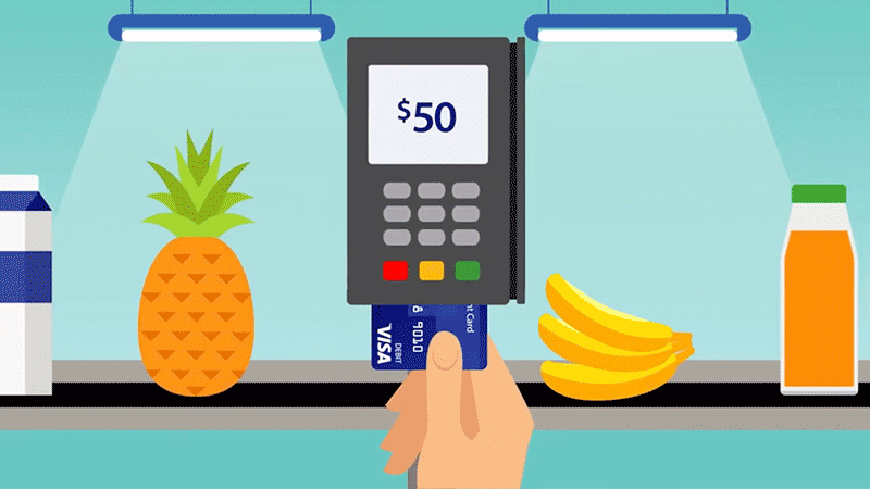 Illustration of hand dipping prepaid card in POS terminal at grocery store checkout