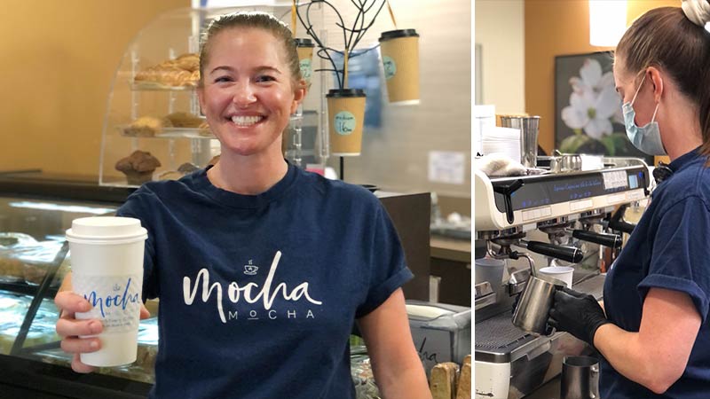 Janelle Haskell, owner of Mocha Mocha Espresso bar, smiling and holding a cup of coffee