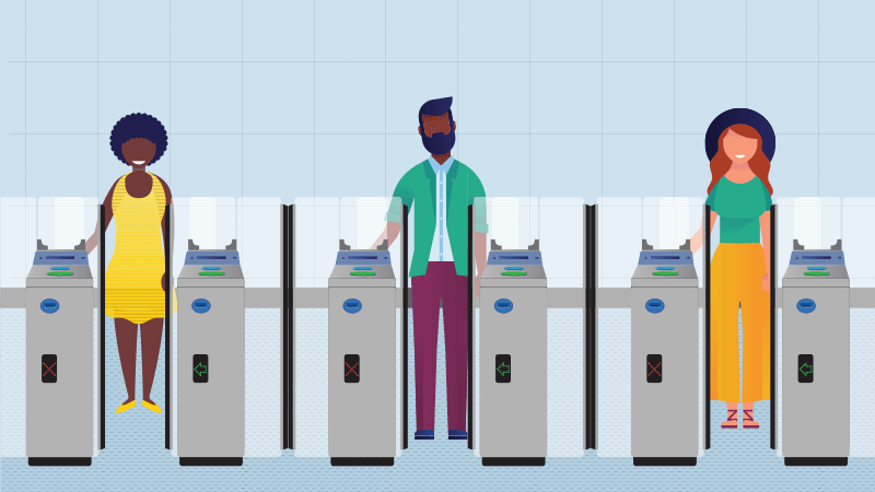 Illustration of transit riders going through payment turnstiles