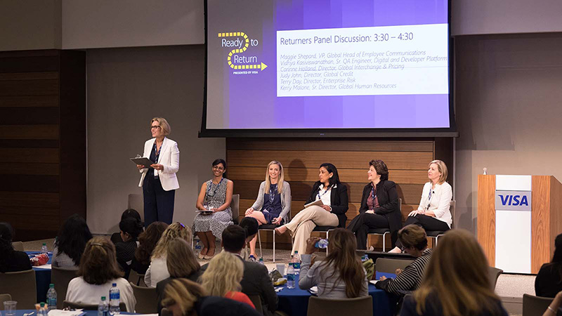 Panel of returners talking to audience at a past Ready to Return event in the San Francisco Bay Area