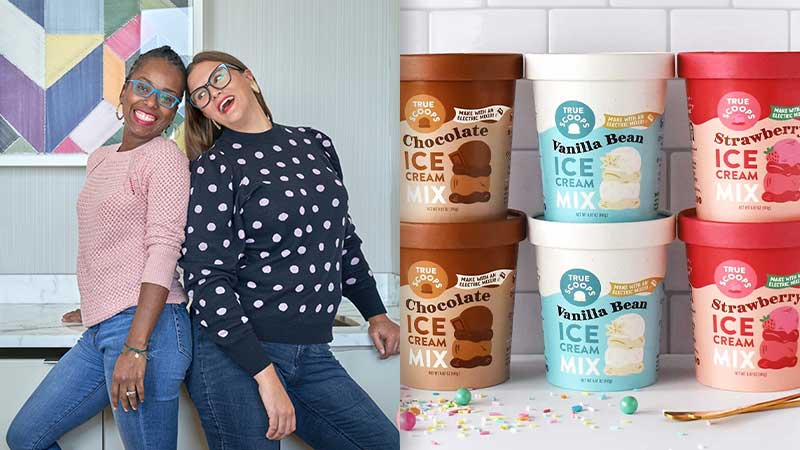 True Scoops founders Shelly Marshall and Kelly Williamson pose together next to packaging for their ice cream products.