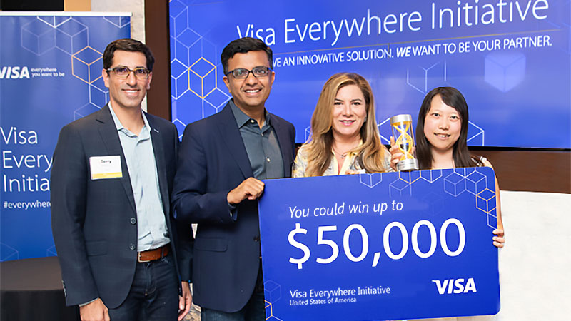Four people standing in front of a blue screen holding a card that says "You could win up to $50,000"