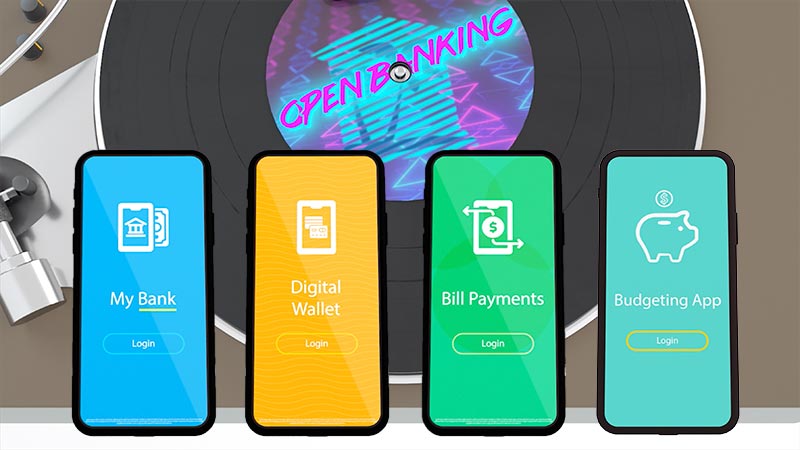 four smart phones displaying different text, reading, respectively: my bank, digital wallet, bill payments, budgeting app