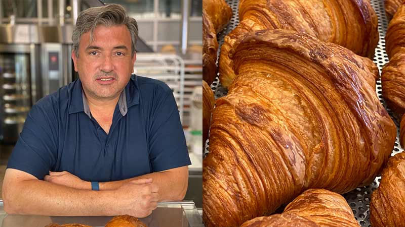 Left side is an image of Armando Lacayo in a kitchen, right side is an image of croissants.