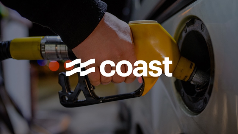 A person pumping gas into a white car at a gas station with the Coast logo superimposed.