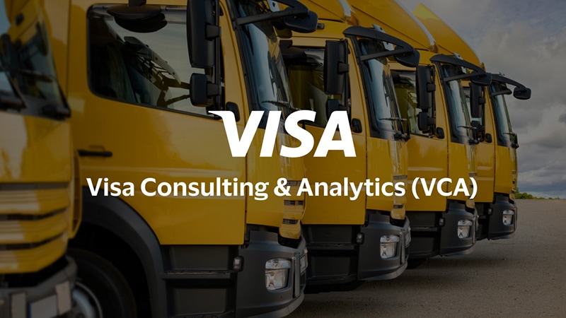 A diagonal line of yellow trucks, side-by-side under a blue sky with the Visa and Visa Consulting & Analytics logos superimposed.