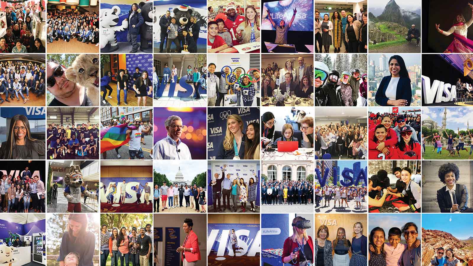 Grid of images of employees doing various activities at Visa