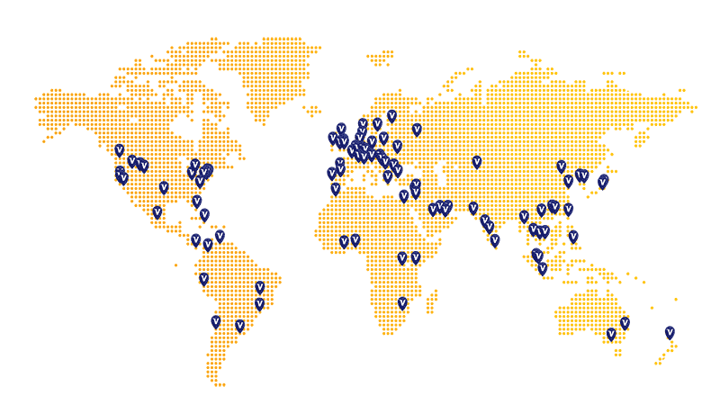 Stylized map of the world showing Visa office locations