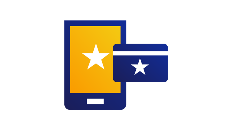 A mobile device with a star on its screen next to a credit card with a star on it.