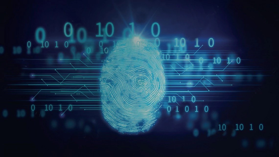 A composite image of a biometric fingerprint amidst a field of binary code.