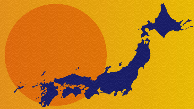 top-trending-destinations-in-japan-teaser-800x450 Map of Japan against an orange sun.