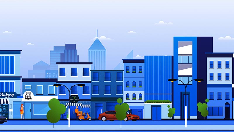 Still from cross-border payments video features an illustration of a city street.