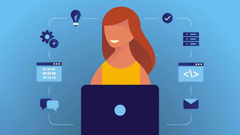 dev-center-800x450 Illustration of a woman at a lap top surrounded by technology icons.