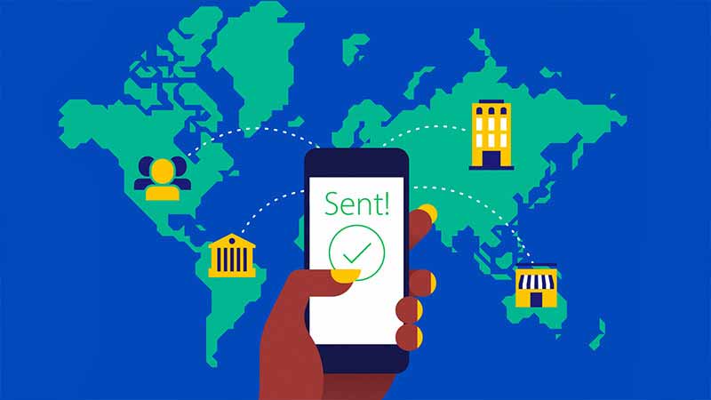 visa-direct-800x450 Illustration of a payment being sent around the world from a phone.