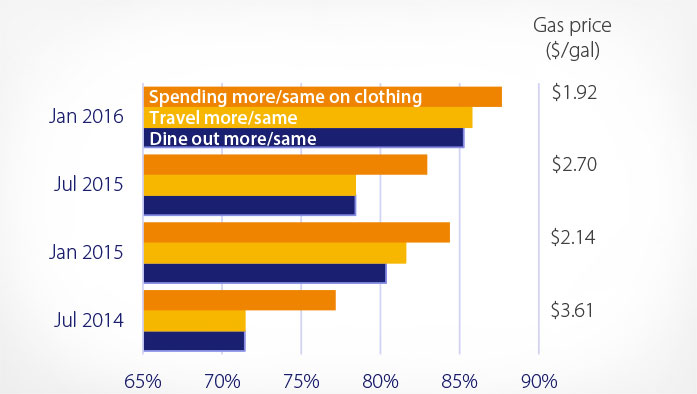 Graph showing gas, clothing, travel and dining spending trends from July 2014 to January 2016.