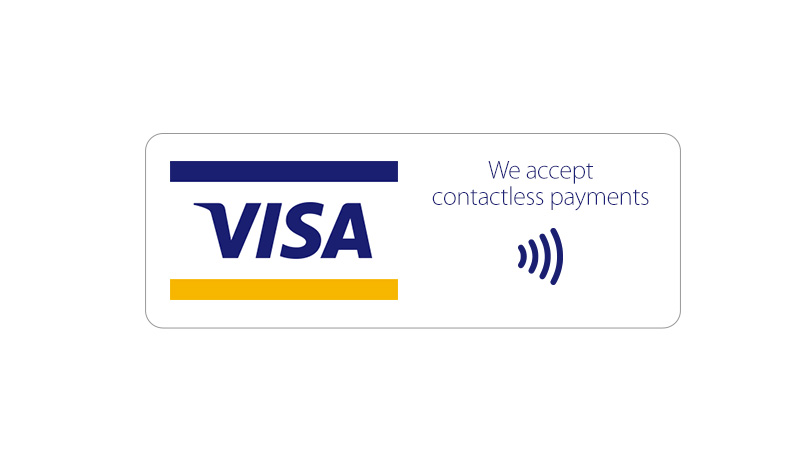 Left to right: Full-color POS Graphic followed by text “We accept contactless payments” with contactless indicator logo under text.