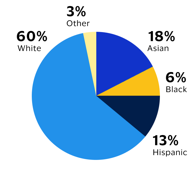 A pie chart shows the ethnicities of Visa’s United States leadership: 60% White. 18% Asian. 13% Hispanic. 7% Black. 2% Other.