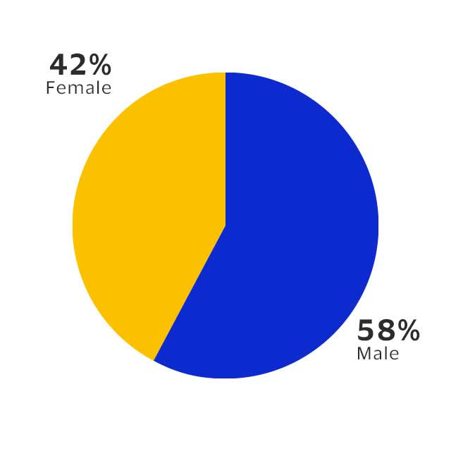 A pie chart shows that Visa’s global workforce is 58% male and 42% female.
