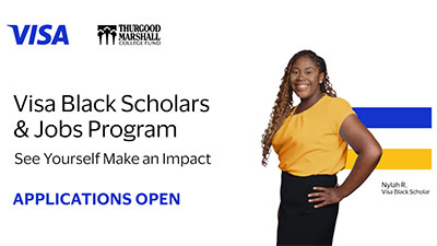 Image of the Visa logo, the Thurgood Marshall College Fund logo, and Nylah R., Visa Black Scholar.