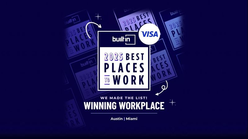 Built In 2025 Best Places to Work Austin Miami badge with Visa logo.