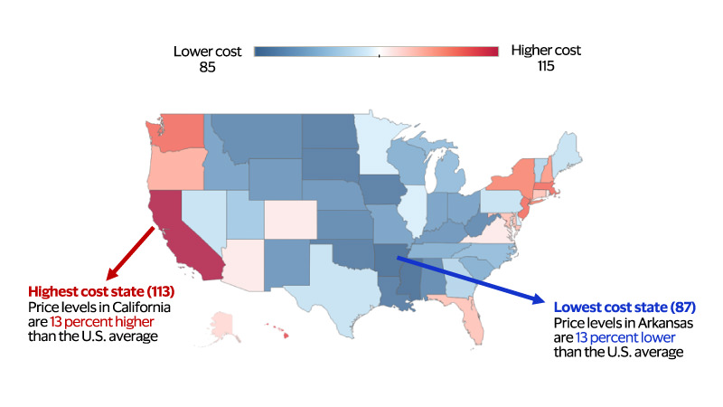 Cost of living varies significantly across the U.S. See image description for details.