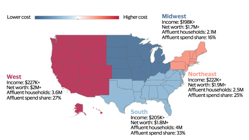 Minimum income and net worth thresholds to meet the definition of affluent, by region. See image description for details.
