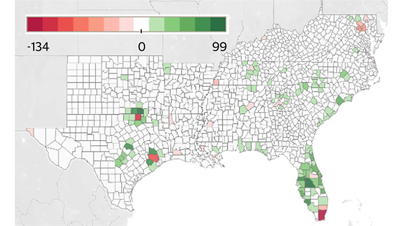 The South is the only region benefiting  from domestic migration map. See image description for details.