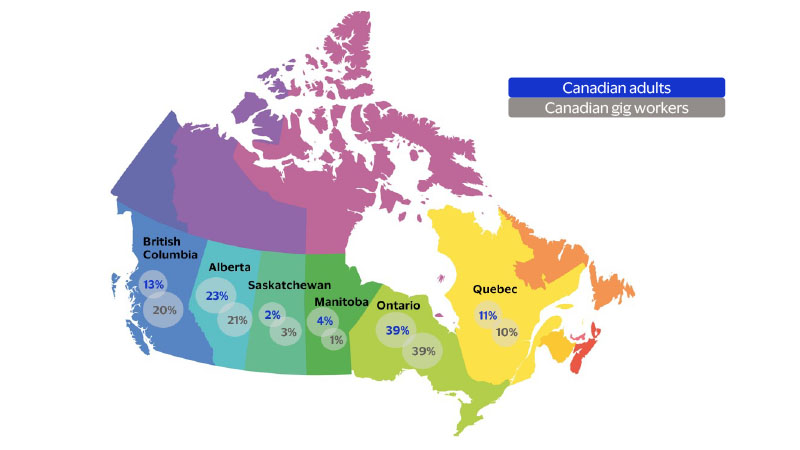 Gig work is prevalent in Canada’s urban centers. See image description for details.