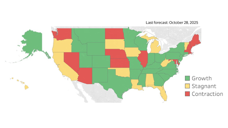 Several states are set to lose jobs by the end of 2025. See image description for details.