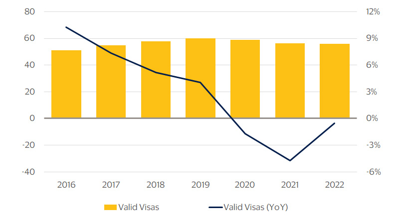 Estimated valid visas chart. See image description for details.