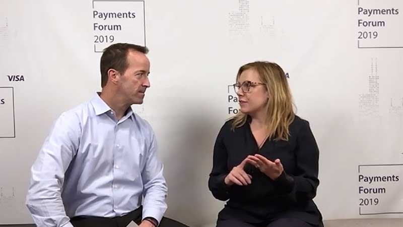 Amy Dawson talking to an interviewer at the Visa Payments Forum 2019.