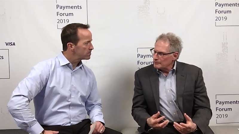 Michael Marx talking to an interviewer at the Visa Payments Forum 2019.