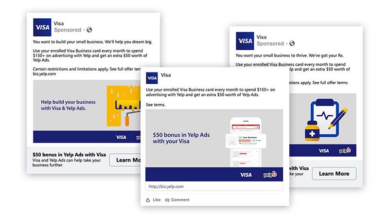 visa-yelp-cobrand-offer-800x450 Examples of three overlaid pages showing Visa and Yelp co-branded offer.