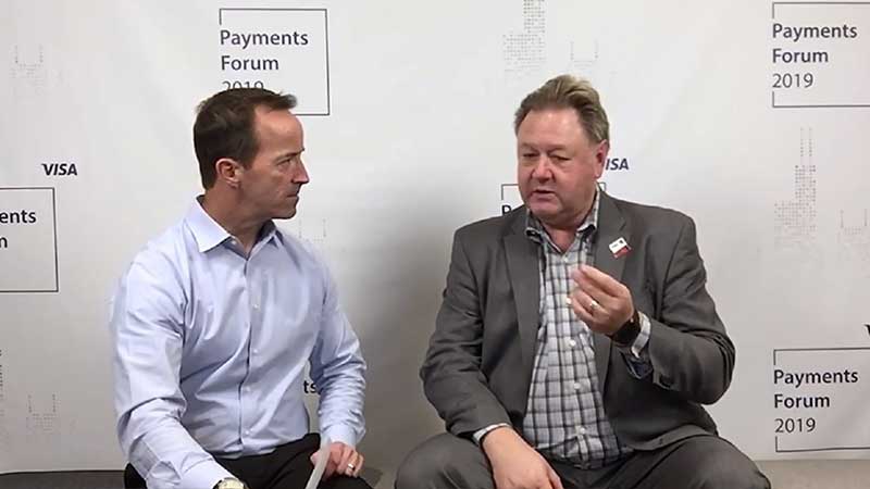 Wayne Best talking to an interviewer at the Visa Payments Forum 2019.