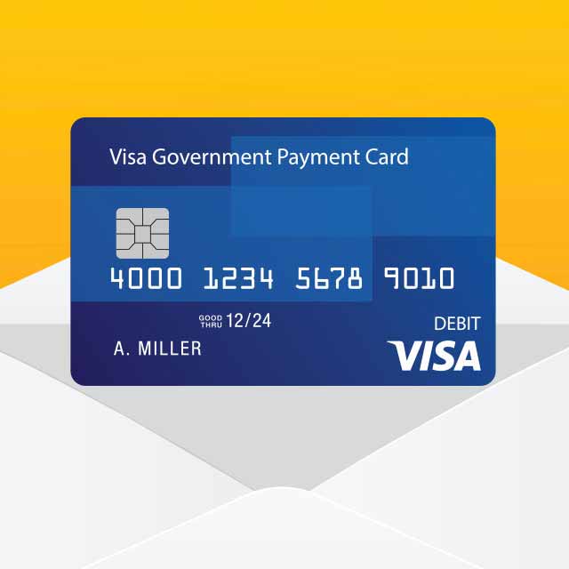 Illustration of a Visa Government Payment Card coming out of an envelope.