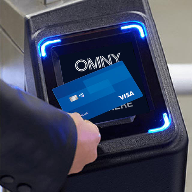A hand holding a Visa credit card up to an OMNY card reader.