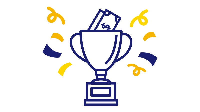 Illustration of a trophy cup filled with money and surrounded by confetti. Illustration of a trophy cup filled with money and surrounded by confetti.